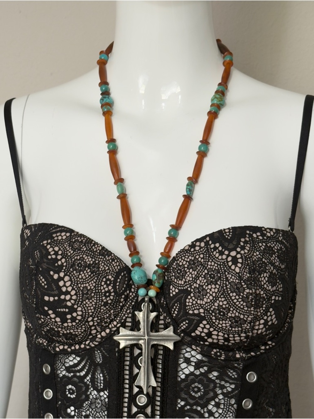 Vintage Wyatt Large Celtic Cross Pewter Turquoise Faux Amber Beaded Necklace 27”